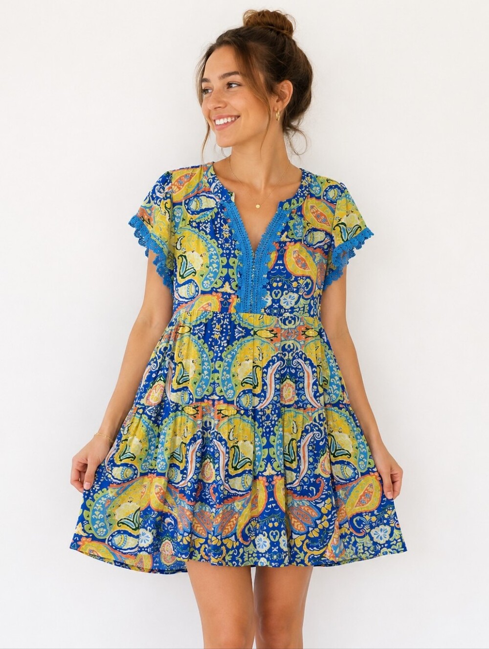 Umgee Blue Paisley Boho Babydoll Dress Crochet Trim Rayon Medium